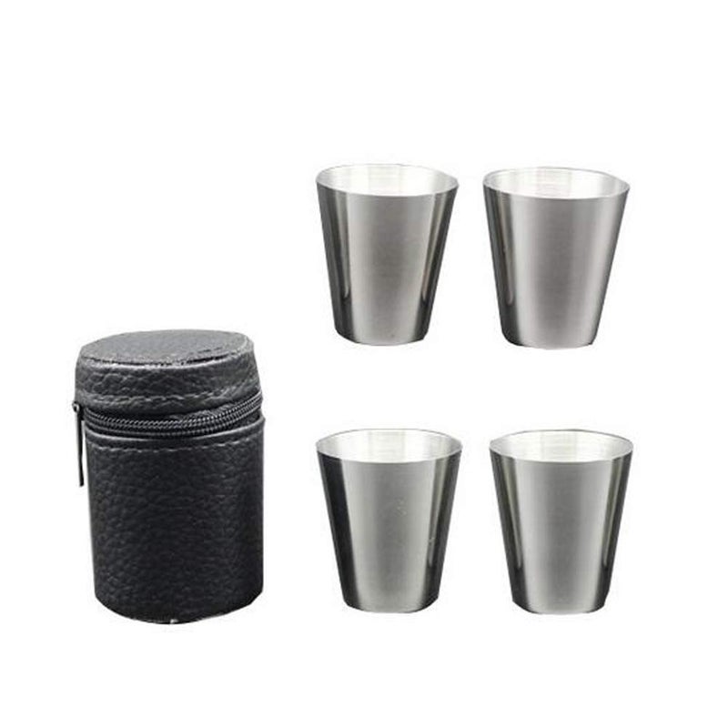 lasenersm 4 Pieces 30ml (1oz) Stainless Steel Shot Cups Shot Glass Drinking Vessel with One Black PU-Leather Carrying Case Outdoor Camping Travel Coffee Tea Cup, Silver Cup, Black Case - Image 1